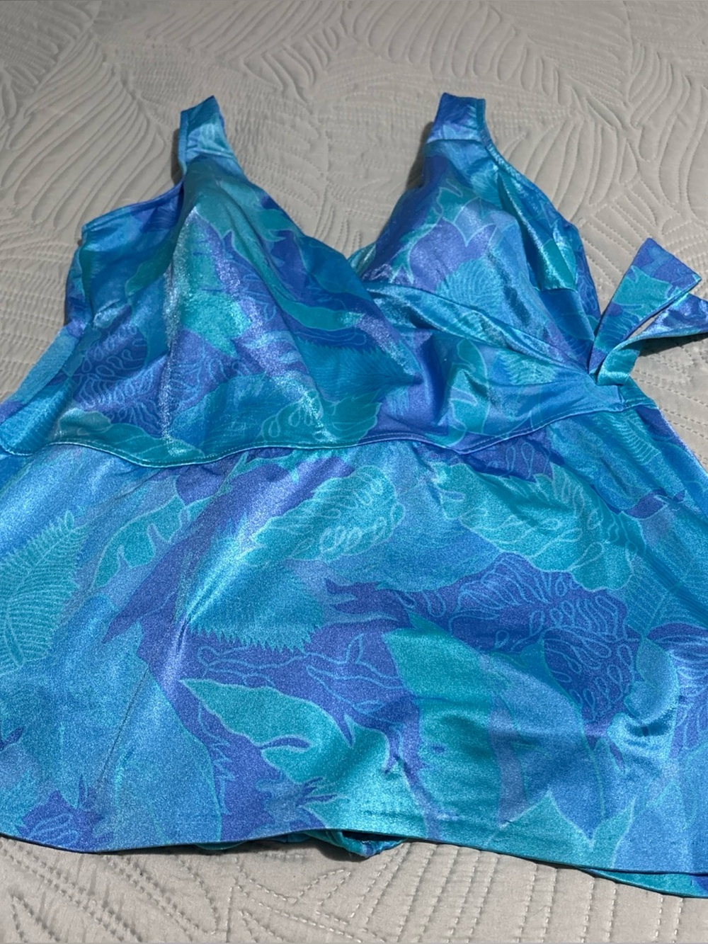 Vintage Maxine Of Hollywood Aqua Multicolor Floral Swim One Piece Dress XL/44